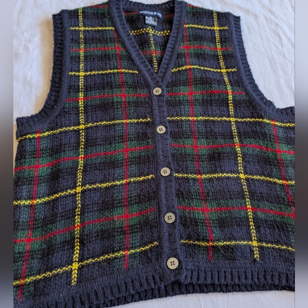 Vintage Mountain Lake Sweater Vest Size M Academia Preppy Plaid Grandpa